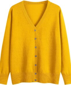 HUIFUAO - Cárdigans para mujer, talla grande, cuello en V, punto con botones, suéteres ligeros de manga larga para otoño e invierno, amarillo, X-Large