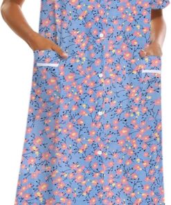 Ekouaer Camisones para mujer, vestido de casa con bolsillos, con botones, abrigo de casa, de manga corta, vestidos de noche, plumero, Moo Moos