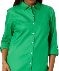 Tommy Hilfiger Women's Classic Long Sleeve Roll Tab Button Down Shirt (Standard and Plus Size) Roll Tab Dot Mujer (Pack de 1)