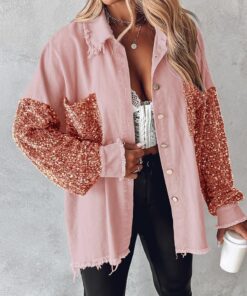 Chaqueta de mezclilla para mujer, con parche de lentejuelas, manga larga, dobladillo deshilachado, abrigo informal de gran tamaño con botones y bolsillos
