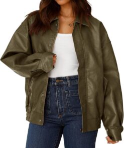 PRETTYGARDEN Chaqueta de motociclista de piel sintética para mujer, ropa de otoño y primavera, abrigo de invierno de gran tamaño con cremallera