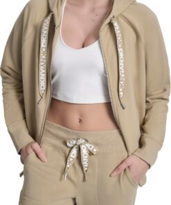 DKNY Logo Drawstring Full Zip Fleece Hoodie Sudadera con Capucha para Mujer