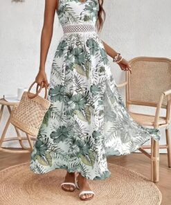 Vestido largo con estampado de hojas tropicales para mujer, tirantes delgados, cuello en V, cintura de encaje, vestido de playa acampanado para vacaciones de verano