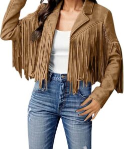 Generisch Chaquetas de mujer de ante sintético con flecos a la moda borlas abrigos cortos estilo moto elegante versátil