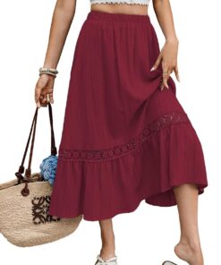 Falda midi elástica de cintura alta escalonada para mujer, ribete de encaje, tela arrugada, falda acampanada, casual, DJ590