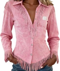 Camisa vintage de ante vaquera occidental para mujer, manga larga, con botones, ajuste delgado, diseño de flecos, camiseta elegante para trajes retro casuales y reuniones temáticas
