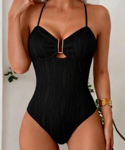 Traje de baño halter de una pieza para mujer, con textura, fruncido, control de abdomen, detalle frontal de barra en U