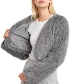 Amazhiyu Abrigo de piel sintética para mujer, chaqueta de invierno de manga larga, cuello redondo, frente abierto, cárdigan cálido de felpa