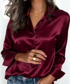 Camisa de satén para mujer, blusa informal con botones y solapa de muesca, elegante blusa de oficina para otoño, invierno y primavera