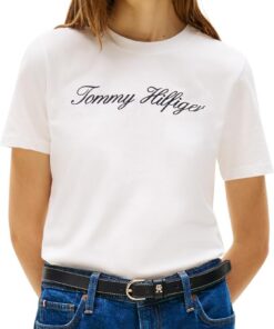 Tommy Hilfiger Camiseta de Manga Corta Mujer Script Regular con Cuello Redondo