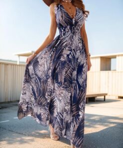 Vestido de verano para mujer, sexy, con cuello en V, sin mangas, bohemio, estampado floral, vestido de playa con espalda descubierta