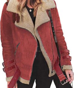 YMING Mujeres Vintage Faux Fur Chaquetas Suede Casual Lambswool Biker Chaqueta
