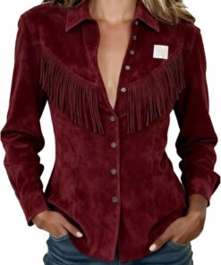 Camisa vintage de ante vaquera occidental para mujer, manga larga, con botones, ajuste delgado, diseño de flecos, camiseta elegante para trajes retro casuales y reuniones temáticas