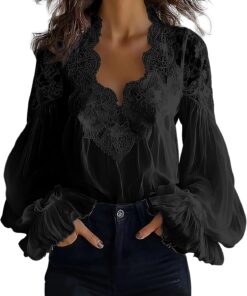 Blusa de manga larga para mujer, elegante encaje empalme, hueco, burbuja, color sólido, sexy, blusa con cuello en V, suave, cómoda, ajuste clásico, elegante, casual, para el trabajo y la oficina