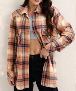 Blusa casual de franela de manga larga con botones para mujer