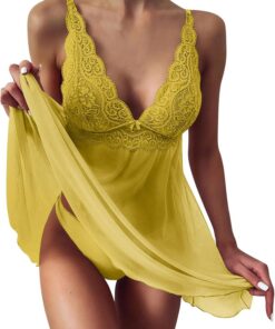 Mujer Camisón Conjunto de Lencería Halter Abierto Posterior Babydoll Encaje Ropa Interior Sexy Transparente Mujer Lingerie Escotado por Detrás Lace Ropa de Dormir Atractivo Body de Lace Cómodo y sexy