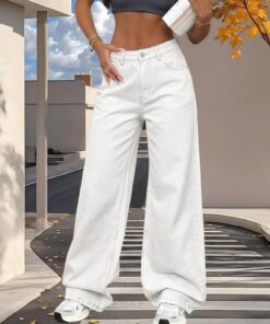 Pantalones de mezclilla de pierna ancha para mujer, cintura alta, pierna recta, pantalones vintage Y2K