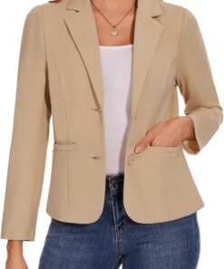 Blazer casual de manga larga para mujer, con bolsillos, con botones, chaquetas con solapa con muescas, ropa de trabajo clásica con forro frontal