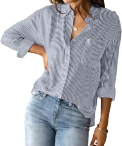 Camisa a rayas con botones para mujer, clásica, casual, de manga larga, holgada, para oficina, trabajo, con bolsillo