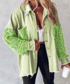 Chaqueta de mezclilla para mujer con parche de lentejuelas, manga larga, camisa-chaqueta desgastada, dobladillo deshilachado, oversized, casual, abrigo abotonado con bolsillos, Verde claro, Large