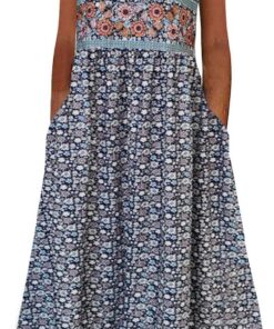 Vestido largo sin mangas para mujer, casual, bohemio, estampado floral, vestido largo con bolsillos, ajuste holgado, vestido de verano acampanado para viajes a la playa
