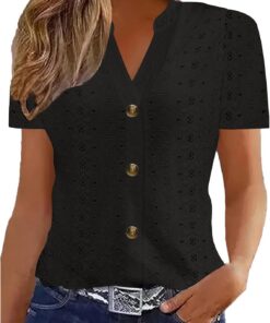 Camisas huecas con ojales para mujer, blusas de verano de manga corta con cuello en V, casual, ajustadas, elegantes, con botones, para vacaciones, playa, 2025