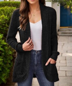 Cárdigan de manga larga para mujer, casual, frente abierto, ligero, con bolsillos, cárdigan de otoño para mujer
