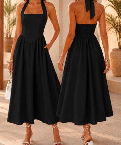 Vestido largo halter para mujer, sin mangas, cuello cuadrado, sin mangas, acampanado, con bolsillos, para vacaciones, playa y fiesta