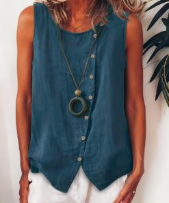 Camisa sin mangas con botones para mujer, cuello redondo, casual, ajuste holgado, camiseta de verano, color liso, ropa de playa