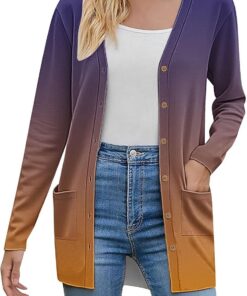 HUIFUAO - Cárdigan de punto para mujer, talla grande, con botones, frente abierto, degradado, manga larga, con bolsillo