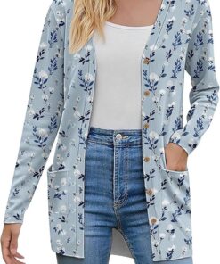HUIFUAO - Cárdigan de punto para mujer, talla grande, con botones, frente abierto, cárdigan de manga larga, estampado floral, ropa de abrigo con bolsillo, azul claro, X-Large