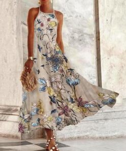 Vestido largo de verano con cuello halter y estampado floral azul para mujer, vestido bohemio sin mangas para vacaciones
