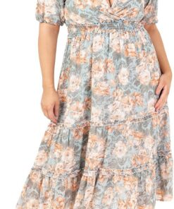 Lovedrobe Women's Ladies Midi Dress V-Neck Short Puff Sleeve Wrap Shirred Waist Floral Print Ruffle Fit and Flare Wedding Guest