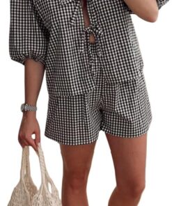 Geagodelia Conjunto de 2 piezas de verano para mujer, conjunto de peplum con lazo frontal, blusa babydoll + pantalones cortos, ropa estética Y2K, ropa de descanso, entrenamiento