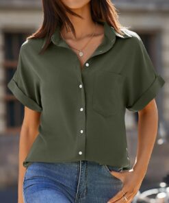 Camisas de manga corta para mujer, cuello en V, botones y bolsillos
