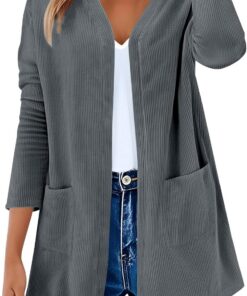 Cárdigans de Pana Mujer Cárdigan Ligero de Manga Larga con Cuello en V Frente Abierto Suéteres Largos Chaqueta Elegante Cardigans Casual Sólido Básico Cárdigan Abrigo Tops