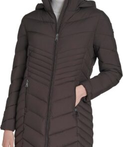 Calvin Klein Hooded Chevron Quilt Puffer Coat – Slimming Longline Winter Jacket Parka Mujer (Pack de 1)