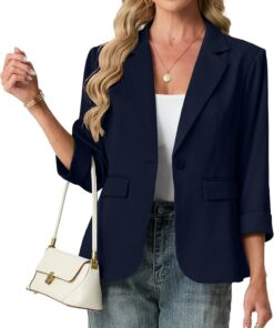 GRECERELLE Blazers para mujer, traje de manga 3/4, chaquetas elegantes formales con solapa con muescas, para oficina, trabajo, boda, ropa de abrigo casual con bolsillos, botones