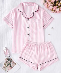 Conjunto de pijama de seda para mujer, ropa de dormir suave y cómoda, de color rosa a rayas, pantalones cortos, Rosa, Large