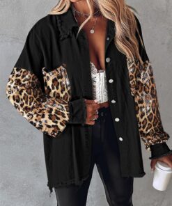 Chaqueta de mezclilla para mujer, con parches de lentejuelas, mangas largas, estilo desgastado, dobladillo deshilachado, abrigo con botones grandes y bolsillos, Negro , XL
