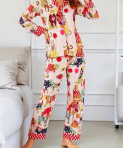 Conjunto de pijama de satén para mujer, ropa de dormir de manga larga con pantalones, estampado suave, pijama de seda con botones