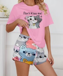 Conjunto de pijama de 2 piezas para mujer, camiseta de manga corta y pantalones cortos, ropa de dormir con estampado gráfico de gato, conjunto de verano para mujer