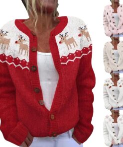 HUIFUAO - Suéteres de Navidad para mujer, divertidos estampados de árbol de Navidad, cárdigans de Navidad, suéteres de copo de nieve, suéteres de manga larga con botones, abrigos de punto novedosos