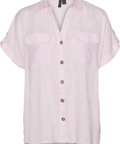 Camisa de Mujer de Manga Corta a Rayas con Bolsillos en el Pecho y Botones