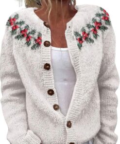 HUIFUAO - Suéter de Navidad para mujer, divertido estampado de árbol de Navidad, suéteres de copo de nieve, suéteres de manga larga con botones, abrigos de punto novedosos para festivales
