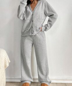 Conjuntos de descanso para mujer, conjunto de 2 piezas, cuello en V, sudadera con botones, pantalones de pierna ancha, conjunto de sudadera a juego