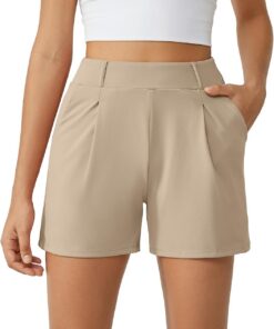G4Free Pantalones cortos de moda para mujer, elegantes, informales, de cintura alta, plisados, con bolsillos