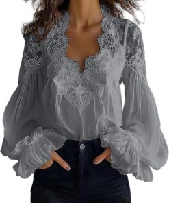 Blusa de manga larga para mujer, elegante encaje empalme, hueco, burbuja, color sólido, sexy, blusa con cuello en V, suave, cómoda, ajuste clásico, elegante, casual, para el trabajo y la oficina