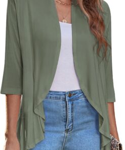 Zeagoo Cárdigan abierto para mujer, manga 3/4, drapeado, con volantes, suéter de punto suave S-3XL
