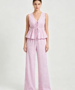 Conjunto de 2 piezas para mujer, con lazo a rayas, sin mangas, top peplum y pantalones